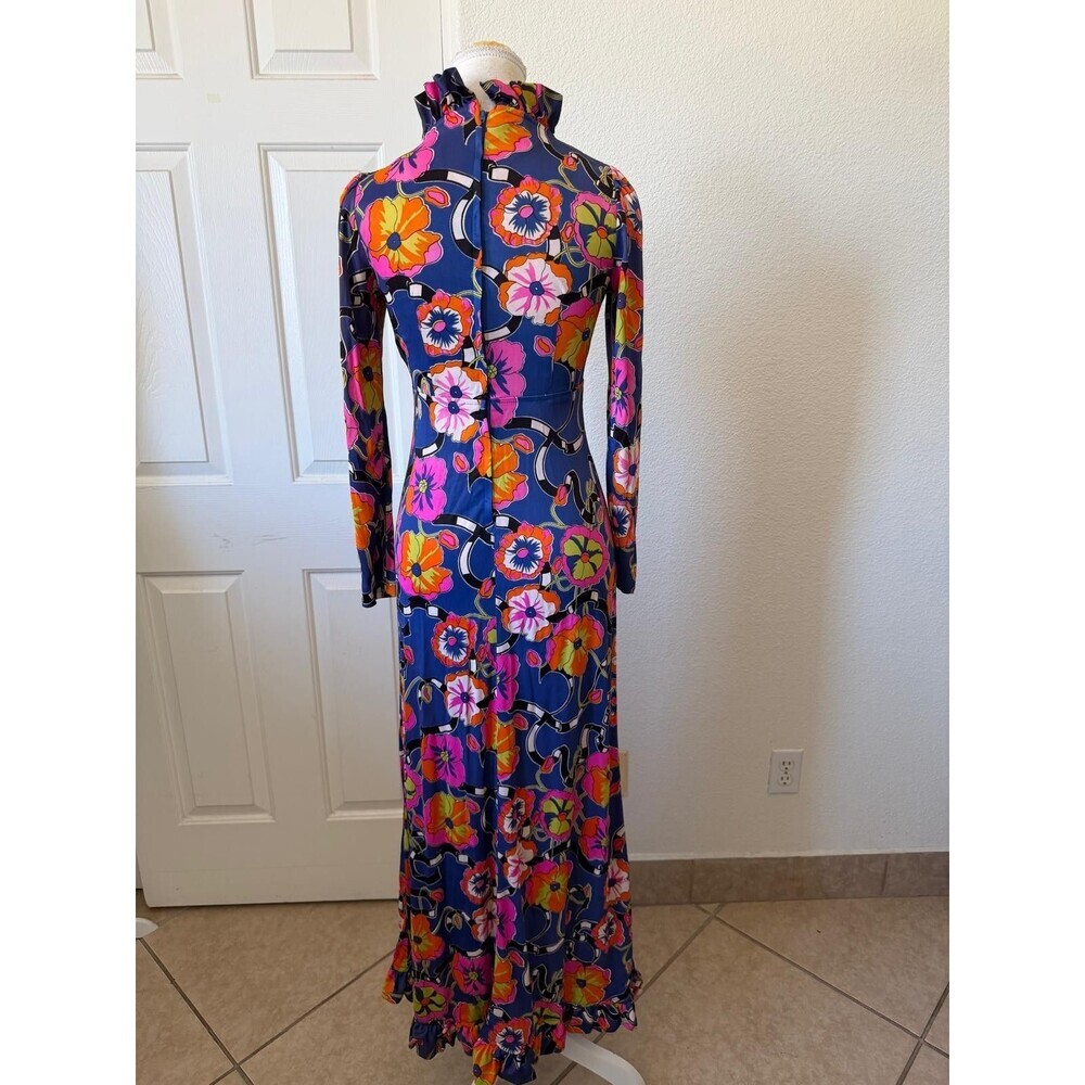Patricia Fair XS Blue Floral Ruffle V neck Maxi Dress Long Sleeve - Picture 3 of 16